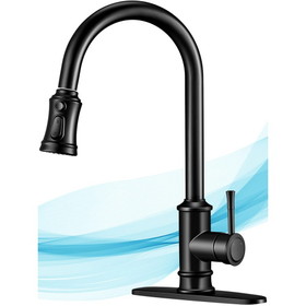 Kitchen Faucet- 3 Modes Pull Down Sprayer Kitchen Tap Faucet Head, Single Handle&Deck Plate for 1or3 Holes, 360&#176; Rotation, Stainless Steel No Lead for RV Bar Home, Black W108366787