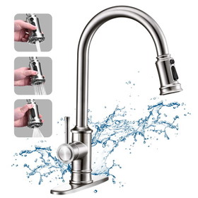 Kitchen Faucet- 3 Modes Pull Down Sprayer Kitchen Sink Faucet, Brushed Nickel Kitchen Faucet Single Handle, 1or3 Holes with Deck Plate, 100% Lead-Free for RV/House W108366790
