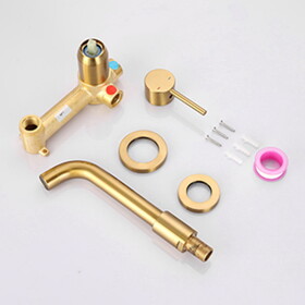 Wall Mount Faucet for Bathroom Sink or Bathtub, Single Handle 3 Holes Brass Rough-in Valve Included, Brushed Gold W1083P154747