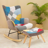 Rocking Chair with ottoman, Mid Century Fabric Rocker Chair with Wood Legs and Patchwork Linen for Livingroom Bedroom W1095P143659