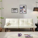 Convertible Sofa Bed Futon with Solid Wood Legs Linen Fabric Ivory