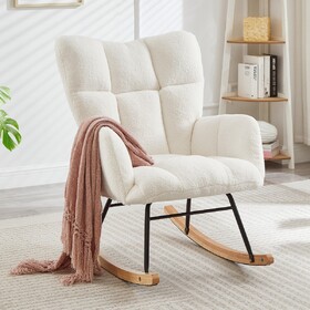 Glider Chair for Living Room Tufted Upholstered Teddy Fabric Rocking Chair with Metal Frame Accent Chair Ivory White