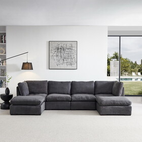 Modular Sofa with Ottoman,Filled with Down,Soft Linen Fabric,Dark Grey