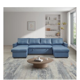 114" Convertible Pull Out Sofa Bed with Storage Chaise Sofa Bed Microfiber Fabric Upholstery Blue W1097S00118