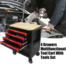 4 Drawers Multifunctional Tool Cart With Tool Set And Wooden Top W110284297