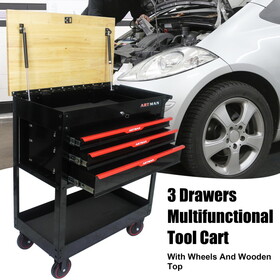 3 Drawers Multifunctional Tool Cart With Wheels And Wooden Top W110290503