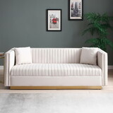 Contemporary Vertical Channel Tufted Velvet Sofa Modern Upholstered Couch for Living Room Apartment with 2 pillows,Beige P-W1117P147296