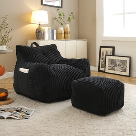 Giant Plush Bean Bag Chair for Adults with Armrests and Footstool -- Comfy Black Beanbag Chaise Lounge Lazy Floor Sofa Chair for Living Room, Bedroom & Dorm, Cozy Fluffy Cloud Mini Couch