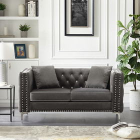 59.4 inch Wide Grey Velvet Sofa with Jeweled Buttons, Square Arm, 2 Pillow W1117S00002