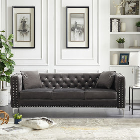 82.3" Width Velvet Sofa Jeweled Buttons Tufted Square Arm Couch Grey, 2 Pillows Included W1117S00003