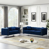 2 Piece Velvet Living Room Set with Sofa and Loveseat, Jeweled Button Tufted Copper Nails Square Arms, 4 Pillows Included, Blue W1117S00012