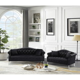 Classic Chesterfield Velvet Sofa Loveseat Contemporary Upholstered Couch Button Tufted Nailhead Trimming Curved Backrest Rolled Arms with Silver Metal Legs Living Room Set,4 Pillows Included,Black