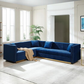 Contemporary Vertical Channel Tufted Velvet Sectional Sofa Upholstered Corner Couch for Living Room Apartment with 4 pillows,Blue W1117S00053