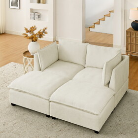 Comfy Cloud Couch loveseat with 2 Ottoman, Modern Chenille Love Seat Upholstered Modular Couch Sleeper for Living Room, Apartment, Studio, Office(Beige White)