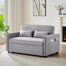 Modern Linen Convertible Loveseat Sleeper Sofa Couch with Adjustable Backrest, 2 Seater Sofa with Pull-Out Bed with 2 Lumbar Pillows for Small Living Room & Apartment W1123111147