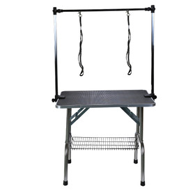 Folding Pet Grooming Table Stainless Legs And Arms Black Rubber Top Storage Basket W112941596