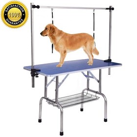 Folding Pet Grooming Table Stainless Legs And Arms Blue Rubber Top Storage Basket W112941597