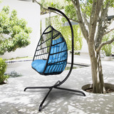 Swing Egg Chair with Stand Indoor Outdoor Wicker Rattan Patio Basket Hanging Chair with C Type Bracket, with Cushion and Pillow, Patio Wicker Folding Hanging Chair W113248054