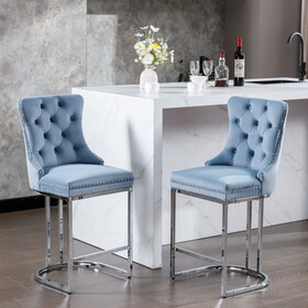 26" Counter Height Bar Stools Set of 2, Modern Velvet Barstools with Button Back&Rivet Trim Upholstered Kitchen Island Chairs with Sturdy Chromed Metal Base Legs Farmhouse, Light Blue, 2 Pack
