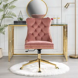 A&A Furniture Office Chair,Velvet Upholstered Tufted Button Home Office Chair with Golden Metal Base,Adjustable Desk Chair Swivel Office Chair (Pink)