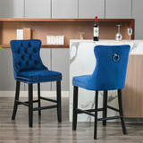A&A Furniture Contemporary Velvet Upholstered Barstools with Button Tufted Decoration and Wooden Legs, and Chrome Nailhead Trim, Leisure Style Bar Chairs, Bar Stools, Set of 2 (Blue) W114339761