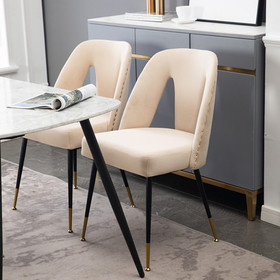 A&A Furniture Akoya Collection, Contemporary Velvet Upholstered Dining Chair with Nailheads and Gold Tipped Black Metal Legs, Beige, Set of 2 W114340428
