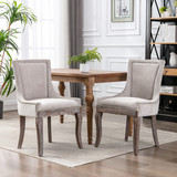 A&A Furniture Ultra Side Dining Chair, Thickened Fabric Chairs with Neutrally Toned Solid Wood Legs, Bronze Nail Head, Set of 2, Beige W114340528