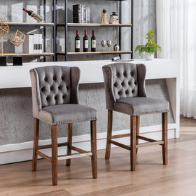 A&A Furniture Counter Height Bar Stools, Upholstered 27" Seat Height Barstools, Wingback Breakfast Chairs with Nailhead-Trim & Tufted Back, Wood Legs, Set of 2 (Grey) W114341152