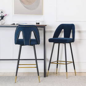 A&A Furniture Akoya Collection, Contemporary Velvet Upholstered Connor 28" Bar Stool & Counter Stools with Nailheads and Gold Tipped Black Metal Legs, Set of 2 (Blue) W114341614