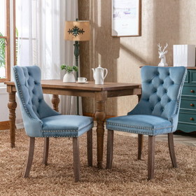 A&A Furniture, Nikki Collection, High-End Tufted Solid Wood Contemporary Velvet Upholstered Dining Chair with Wood Legs Nailhead Trim 2-pcs Set, Light Blue, Sw8801lb