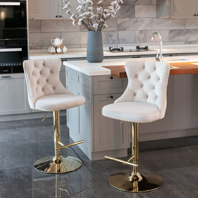 A&A Furniture Golden Swivel Velvet Barstools Adjusatble Seat Height From 25-33 inch, Upholstered Bar Stools with Backs Comfortable Tufted for Home Pub and Kitchen Island (Beige, Set of 2)