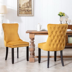 A&A Furniture, Upholstered Wing-Back Dining Chair with Backstitching Nailhead Trim and Solid Wood Legs, Set of 2, Gold 8809Kd
