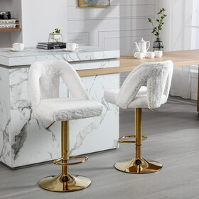 Golden Swivel Velvet Barstools Adjusatble Seat Height From 25-33 inch, Bar Stool & Counter Stools with Nailheads for Home Pub and Kitchen Island, Set of 2, Faux White Rabbit Hair