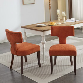 Mid Century Modern Dining Chairs Set of 2, Farmhouse Linen Fabric Upholstered Accent Chair Curved Backrest with Copper Nails around,Kitchen Chairs with Hardwood Frame, Orange W1143P186368