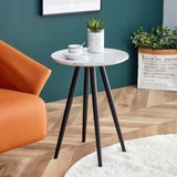 Minimalism White Faux Marble End&Side Table, Small Accent Coffee Table with Black Metal Legs, Round Nightstand for Living Room, Bedroom, Apartment Small Space (MDF Tabletop + Metal Legs)