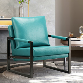 PU Leather Accent Arm Chair Mid Century Upholstered Armchair with Metal Frame Extra-Thick Padded Backrest and Seat Cushion Sofa Chairs for Living Room (Cyan PU Leather + Metal Frame + Foam)