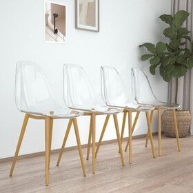 Modern simple transparent dining chair plastic chair armless crystal chair Nordic creative makeup stool negotiation chair Set of 4 and wood color metal leg