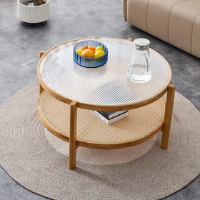 Simple Circular Double-Layer Solid Wood Tea Table Rattan Woven Chinese Side Table Small Round Table Suitable for Living Room, Dining Room and Bedroom