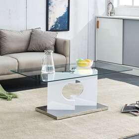 A rectangular modern and fashionable coffee table with tempered glass tabletop and white MDF legs. Suitable for living room.47.2"*25.5"*18" W1151P145200