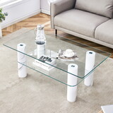 Modern minimalist double layered transparent tempered glass coffee table and coffee table, paired with white MDF decorative columns. Computer desk. Game table. CT-X02 W1151P149103