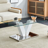 Modern minimalist coffee table. Transparent tempered glass tabletop with silver MDF pillars. Suitable for living room and dining room W1151P152770
