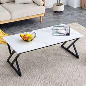 A modern minimalist style white marble patterned coffee table with black metal legs. Computer desk. Game table. Tea table. W1151P154283