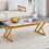 A modern minimalist style marble patterned coffee table with golden metal legs. Computer desk. Game table. Tea table. W1151P154284