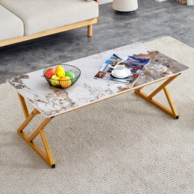 A modern minimalist style marble patterned coffee table with golden metal legs. Computer desk. Game table. Tea table. W1151P154284