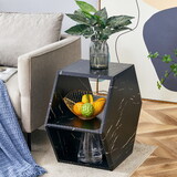 Hexagonal MDF coffee table, characteristic pattern stickers, multi-hole design to give more storage space, simple and convenient design makes it suitable for all kinds of style scenes.