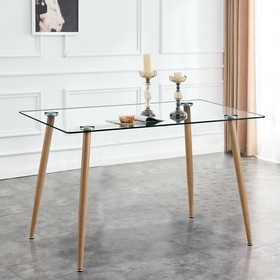 Minimalist Rectangular Glass Dining Table for 4-6 with 0.31" Tempered Glass Tabletop and Wood Color Coating Metal Legs, Writing Table Desk, 47" W x 31"D x 30" H