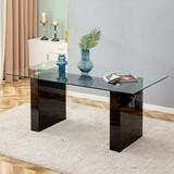 Large modern simple rectangular glass table, which can accommodate 6-8 people, equipped with 0.39-inch tempered glass table top and large MDF black table legs, 71