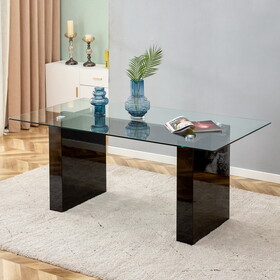 Large modern simple rectangular glass table, which can accommodate 6-8 people, equipped with 0.39-inch tempered glass table top and large MDF black table legs, 71" x 39.3" x 30"