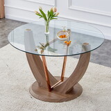 A modern minimalist circular tempered glass dining table with a diameter of 48 inches. Glass desktop+MDF wood texture sticker table legs and base. 48 * 48 