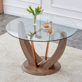 A modern minimalist circular tempered glass dining table with a diameter of 48 inches. Glass desktop+MDF wood texture sticker table legs and base. 48 * 48 " * 30"